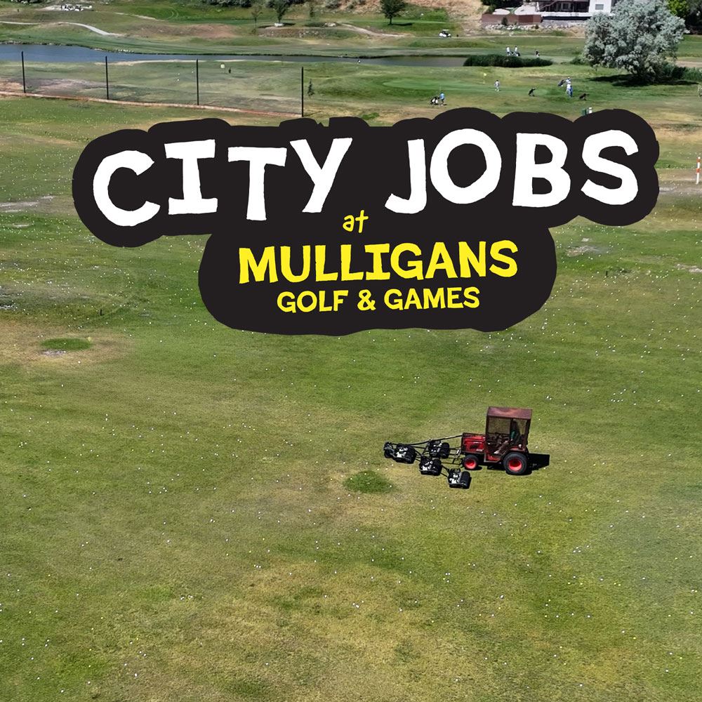 City Jobs Mulligans ball collecter tractor driving on golf course with golf balls scattered all over