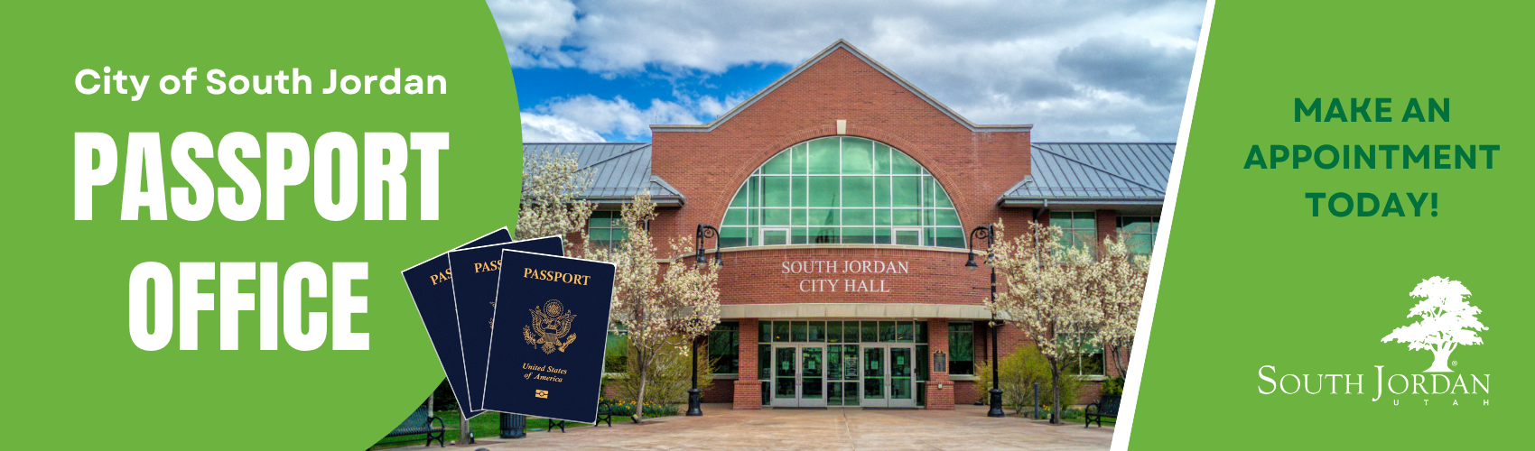 Image of South Jordan City Hall with passports, and text promoting passport office appointments.